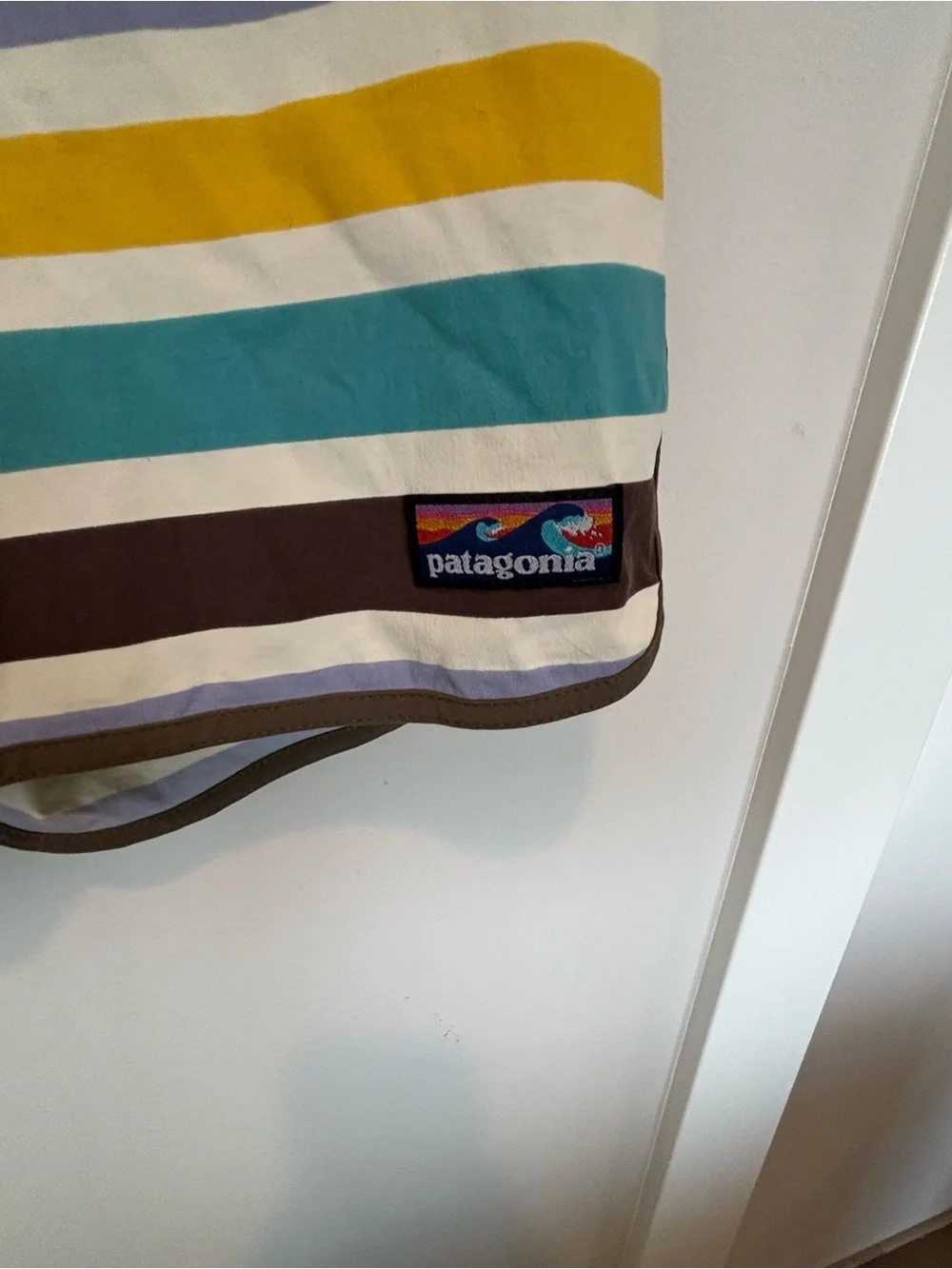 NEW Patagonia Men’s Brown, Teal & Yellow Striped Board Shorts